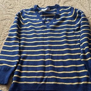 Navy and Yellow Striped V-Neck Sweater